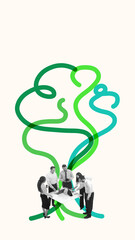 Team collaborating around abstract tree doodle, emphasizing efficient meeting, brainstorming and common efforts in achieving professional success. Concept of teamwork, communication, business