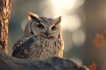 Fototapeta premium Majestic owl perched on a branch in soft, warm light.