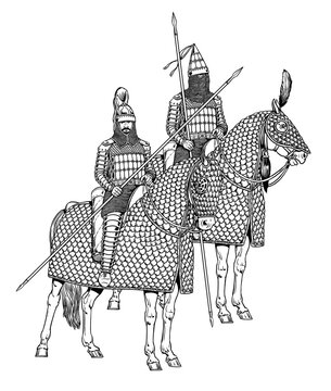 Handmade historical drawing with the Parthian heavily armed horsemen. Armoured heavy cavalry - Parthian Cataphract.