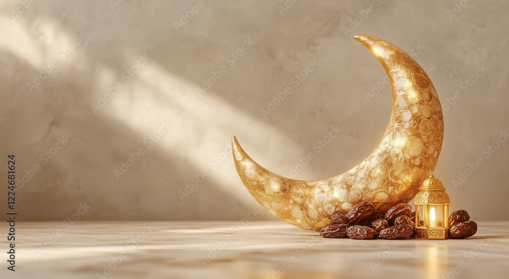 Poster golden crescent moon with lantern and dates on elegant background