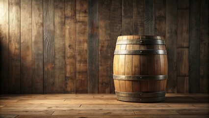 Fototapeta premium Wooden Barrel in Rustic Setting, Aged Wood Background