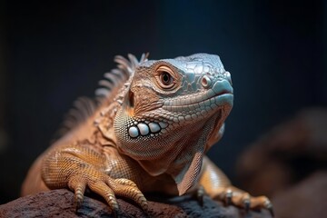 Fototapeta premium Lizard with textured skin resting on a rock in a dim environment.