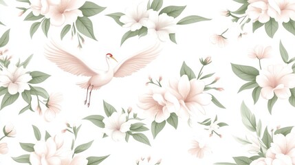 Fototapeta premium Elegant Crane Soaring Amidst Delicate Blossom Pattern