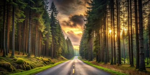 Fototapeta premium Sunlit Asphalted Road Through Lush Evergreen Forest at Sunset