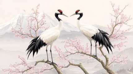 Obraz premium Elegant Cranes Amidst Blooming Cherry Blossoms and Mountain Vista