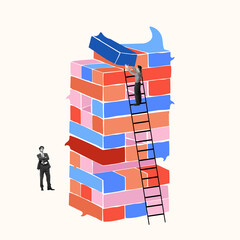 Businessman observing colleague climbing ladder to place puzzle piece in shape of speech bubble on...