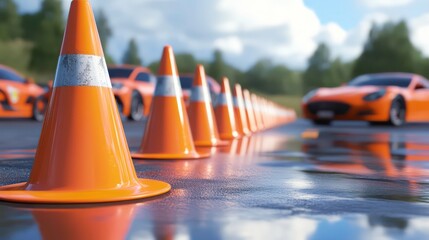 Car driving school on test track Focus on traffic cone driving school.