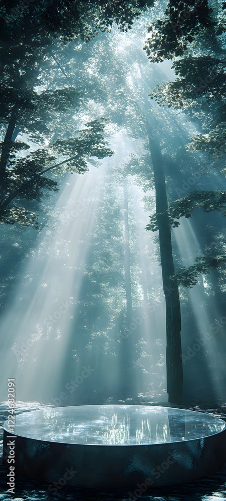 Poster a podium made of translucent glass, floating in front of a soft misty forest, with soft rays of ligh