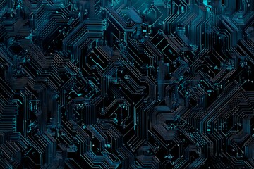 Fototapeta premium Abstract close-up of a glowing blue digital circuit board, showcasing intricate connections and technological design on a black background. 