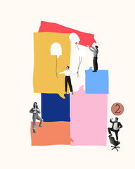 Team members integrating with colorful speech bubbles, collaborating and communicating to build effective company. Conceptual art collage. Concept of teamwork, communication, business