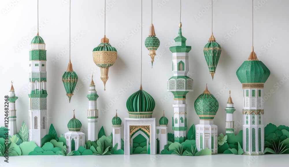 Poster green decorative structures with islamic architecture style and patterns