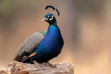 Obraz premium Colorful peacock perched on a log with a blurred background.
