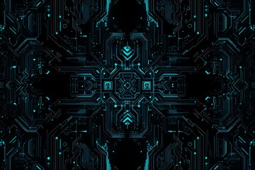 Abstract close-up of a glowing blue digital circuit board, showcasing intricate connections and technological design on a black background.
