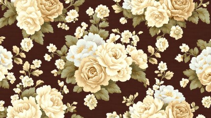 Elegant Cream Roses and Delicate White Flowers on Dark Brown Background