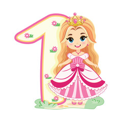 Cute princess with beautiful eyes in a pink dress and number 1 on white background. Happy Birthday concept. For Greeting Card or Invitation. Vector illustration in flat cartoon style