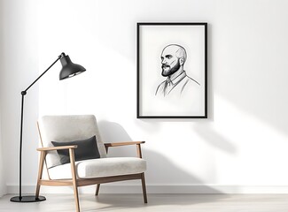 A sleek Scandinavian living room with a stylish armchair, black lamp, and framed line art portrait of a man, all in a minimalistic design on a white wall