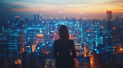Abstract business woman stands on Smart digital Innovation city with connection network reciprocity over the twilight cityscape. of future wireless digital city and social media networking systems