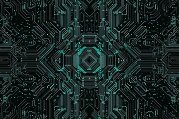 Abstract close-up of a glowing blue digital circuit board, showcasing intricate connections and technological design on a black background.
