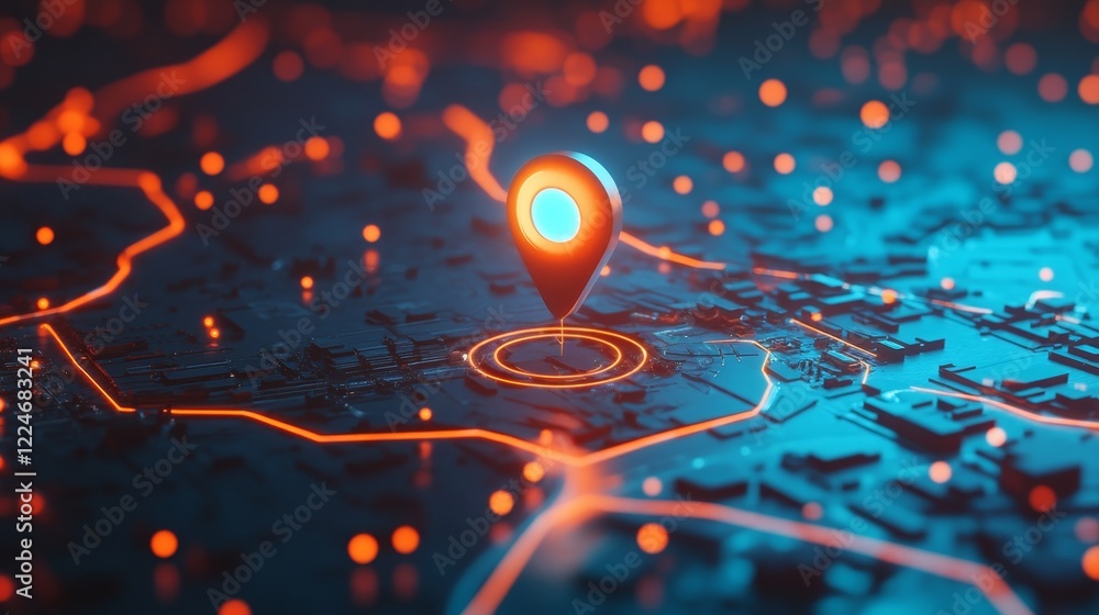 Poster futuristic digital map location marker featuring illuminated elements for enhanced navigation