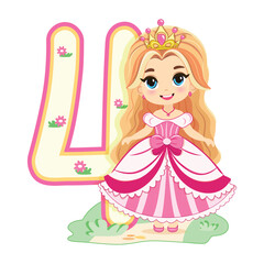 Cute princess with beautiful eyes in a pink dress and number 4 on white background. Happy Birthday concept. For Greeting Card or Invitation. Vector illustration in flat cartoon style