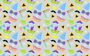 Obraz premium Purim carnival pattern. Purim set with cute carnival mask