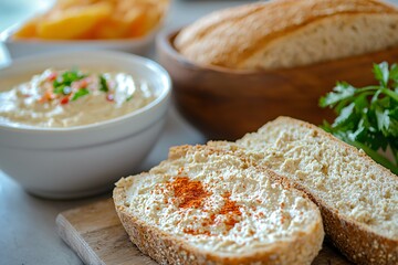 Freshly baked bread slices with hummus and garnishes, accompanied by fruit in a cozy kitchen setting