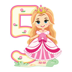 Cute princess with beautiful eyes in a pink dress and number 5 on white background. Happy Birthday concept. For Greeting Card or Invitation. Vector illustration in flat cartoon style