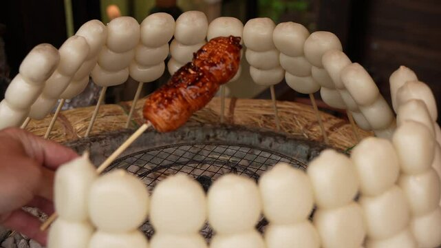 View of Tsukimi Dango (Mochiko), a special food for the Harvest Moon in Asakusa, Tokyo, Honshu, Japan