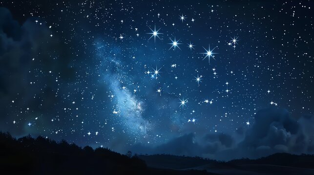 A night sky with a starry sky and dark trees silhouetted in the foreground.