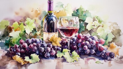 painting watercolor wine and grapes. Selective focus.