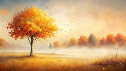 Serene Autumn Landscape Featuring a Single Tree with Vibrant Golden Leaves, Gentle Breeze, and Misty Background