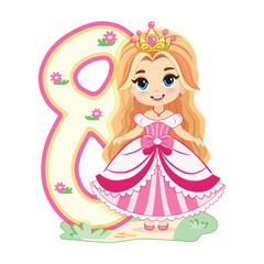 Cute princess with beautiful eyes in a pink dress and number 8 on white background. Happy Birthday concept. For Greeting Card or Invitation. Vector illustration in flat cartoon style