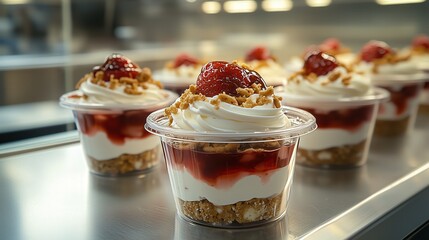 Strawberry pretzel parfait cups with whipped cream and nuts