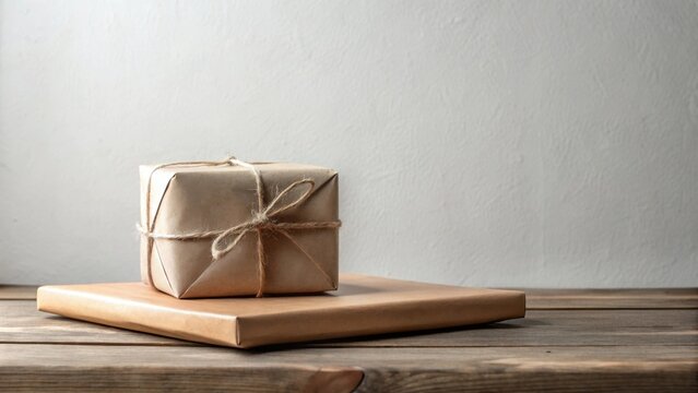 A small, rustic gift package sits atop a larger, similarly wrapped present on a wooden surface