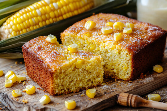 Freshly baked cornbread with corn kernels on a rustic wooden table, surrounded by corn cobs and butter
