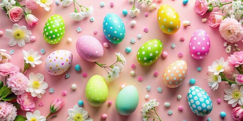 Pastel Easter eggs and spring flowers on pink background