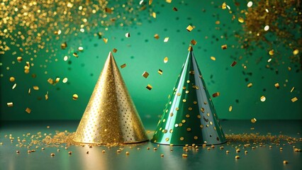 Two Festive Conical Party Hats Amidst Falling Gold Confetti on Emerald Green Background