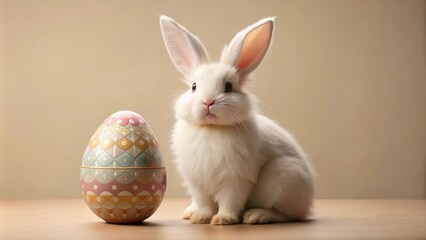 A fluffy white bunny sits beside a decorative pastel egg on a wooden surface