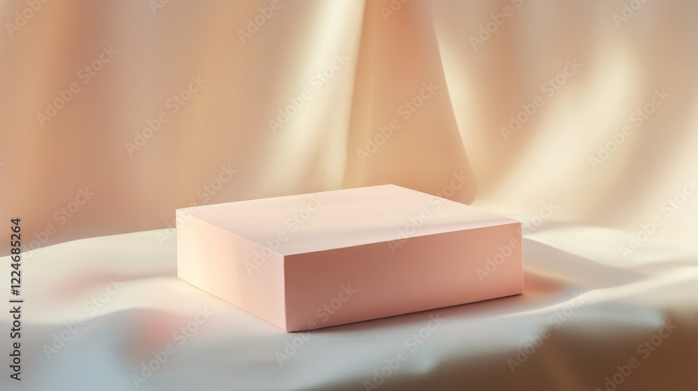 Poster minimalist product display with soft pink cube and draped light fabric backdrop