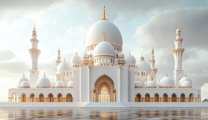 Obraz premium Majestic Mosque Reflection in Calm Waters Under a Cloudy Sky