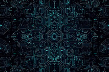 Abstract close-up of a glowing blue digital circuit board, showcasing intricate connections and technological design on a black background.
