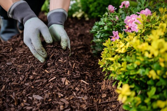 Gardener is Applying Mulch in a Beautifully Designed Landscape for Plant Care and Growth. Person in Gloves is carefully placing wood mulch around the colorful plants in a autumnal garden. Autumn work