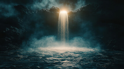 Fototapeta premium Glowing Waterfall in a Mystical Cave