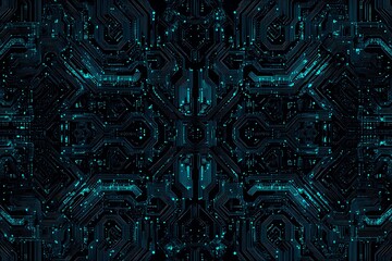 Abstract close-up of a glowing blue digital circuit board, showcasing intricate connections and technological design on a black background.
