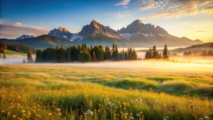 Serene Sunrise Over Misty Meadow and Majestic Mountain Range