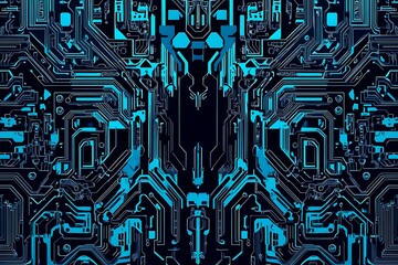 Abstract close-up of a glowing blue digital circuit board, showcasing intricate connections and technological design on a black background.
