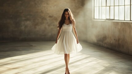 Fototapeta premium Woman in white dress walks in sunlit industrial space.