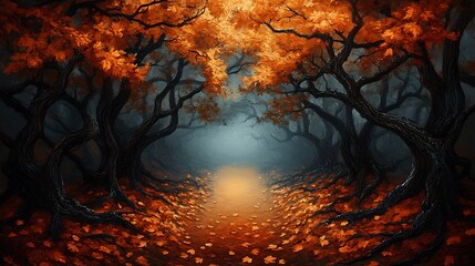 Autumnal Forest Path Gleams Softly Warm Light Illuminates Fallen Leaves. AI Generated
