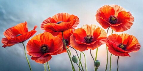Obraz premium Vibrant Red Poppies Blooming in Soft Light, a Stunning Floral Display of Nature's Beauty
