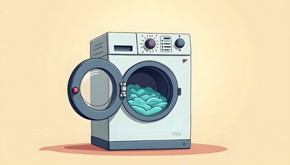 A Cartoon Illustration Of A Washing Machine With Clothes